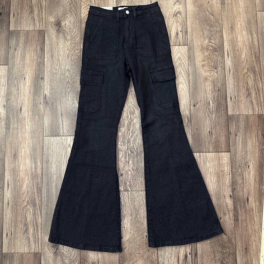 Forever 21 Cargo High Rise Flare Jeans Women’s Size 25 Glitter Black